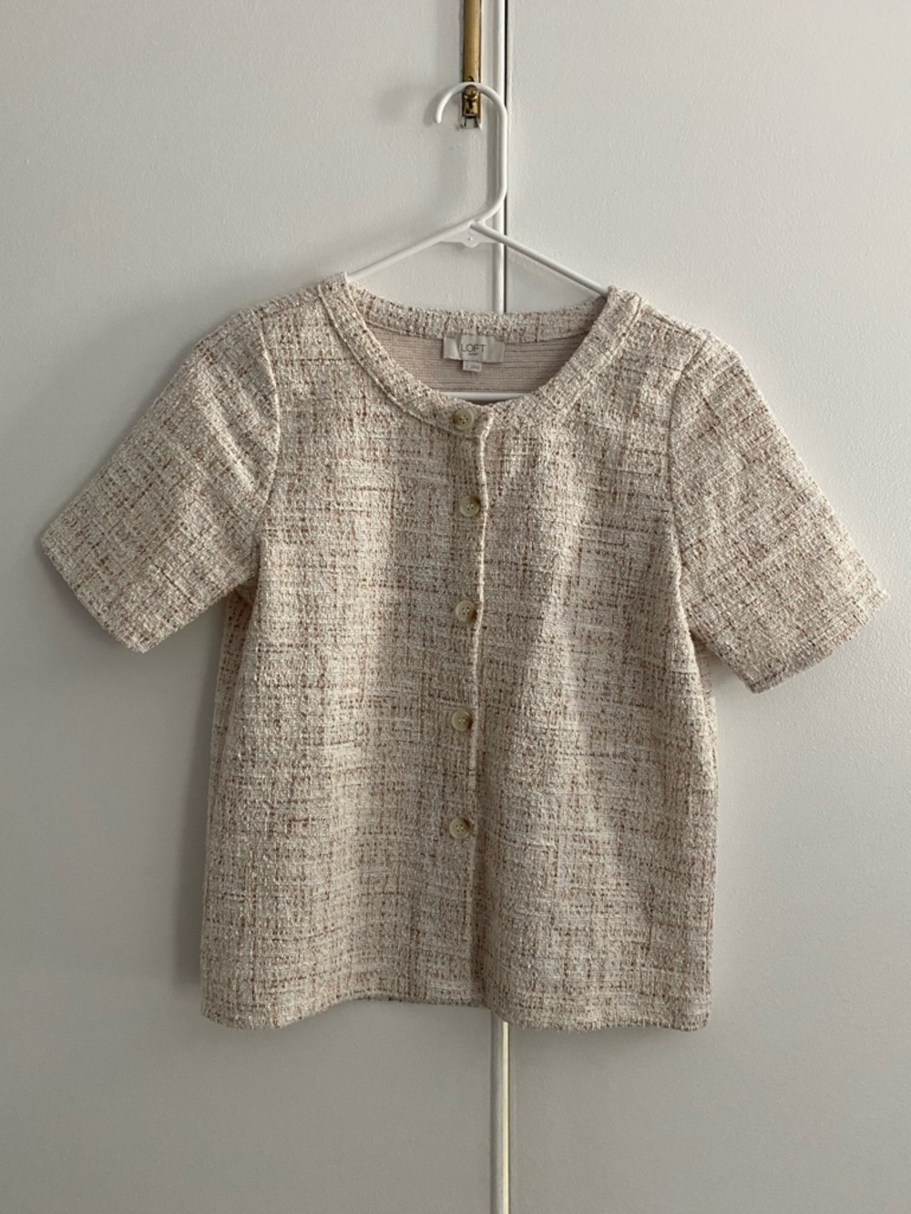 LOFT White & Cream Tweed Short-Sleeve Button-Up Top